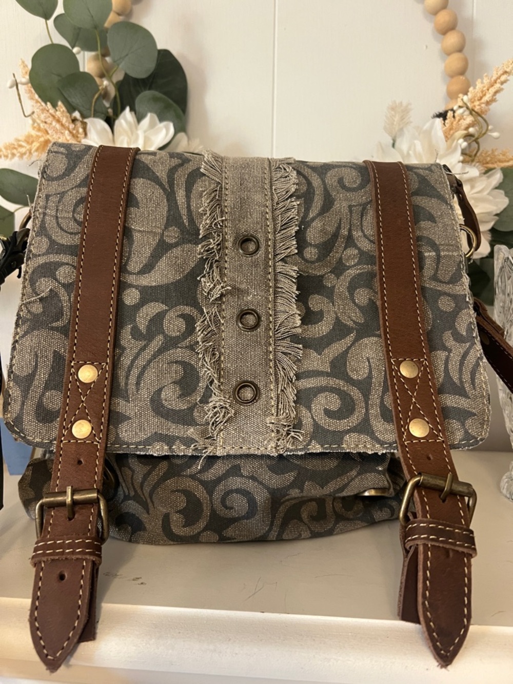 Myra Bag Gray Patterned Canvas Crossbody with Brown Leather Straps